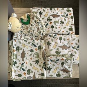 Dino Print Baby Blanket Set - Green and Brown